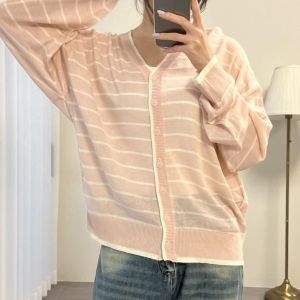 다잇템 여자 빅사이즈 V넥 개강룩 단가라 가디건 WJK26382_그레이-아이보리 FREE