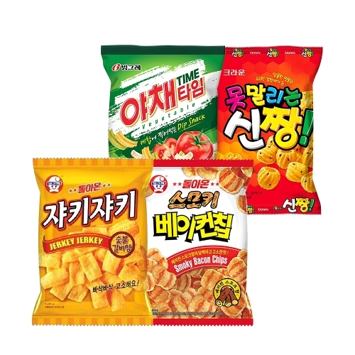 크라운제과 추억의 봉지과자 세트 / 4종 총 8봉 쟈키쟈키 2봉 + 베이컨칩 2봉 + 야채타임 2봉 + 신짱 2봉_이미지
