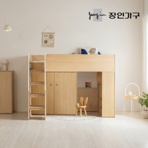 장인가구 도담 어린이 높은 수납 벙커침대 SS+전면계단+책장+옷장 (매트별도)_이미지