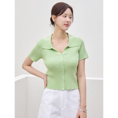 모리스커밍홈 브이 버튼 카라 반팔 니트_M2507KN072B_이미지