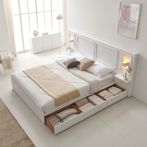 BIF보루네오 샤인즈 서랍형 수납침대 Q+조명협탁 2개 (투인스본넬)