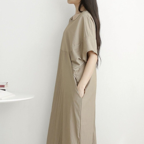 아미 마미스클로젯 빅사이즈 국산 여성 라운드 드롭숄더 데일리 반팔 롱원피스 -WDR-33_이미지