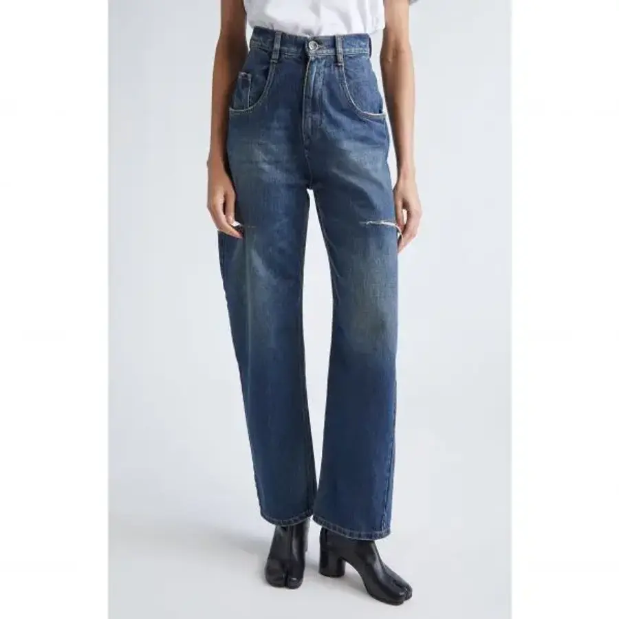 메종마르지엘라 메종 마르지엘라 찢어진 컷아웃 하이웨이스트 스트레이트 레그 진 7577318_이미지