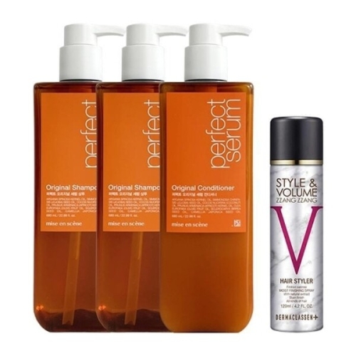 퍼펙트 오리지널 세럼 샴푸 680ml 2개+컨디셔너 680ml+더마클라센 스타일앤 볼륨짱짱 헤어 스타일러 120ml 4종세트