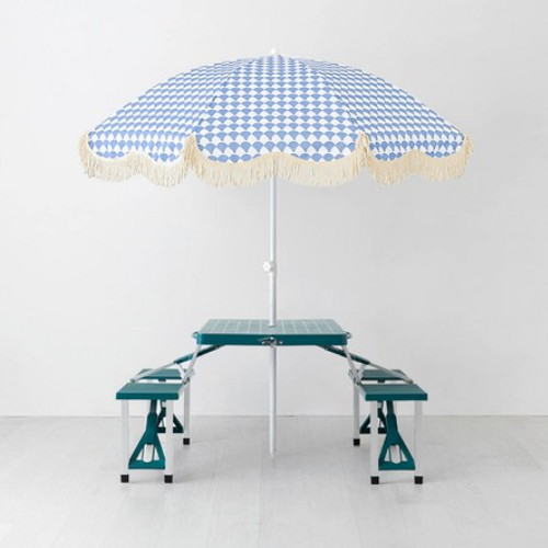 마켓비 로밀 파라솔 스카이블루패턴B + 캠폴 야외 의자일체형 접이식 테이블 4인세트 그린