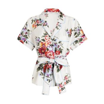 화이트 실크 플라워 프린트 블라우스 154137608