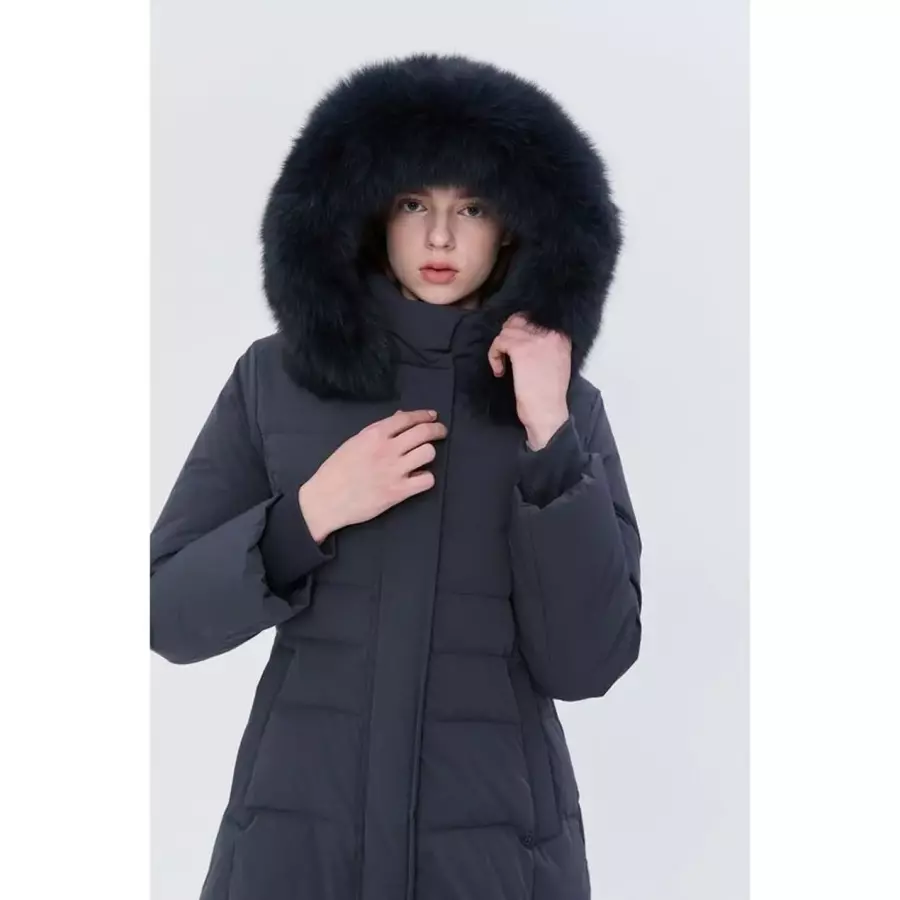 헤지스 여성 스테디셀러 폭스FUR 구스다운 그레이 탈착 후드 하프 헤비다운 점퍼 WSJU5D109G2