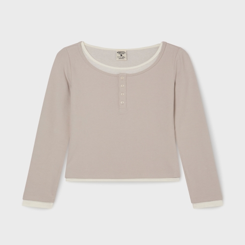 후아유 여성 Layered Henry Neck Long Sleeve T-Shirt WHLAG2283F_이미지