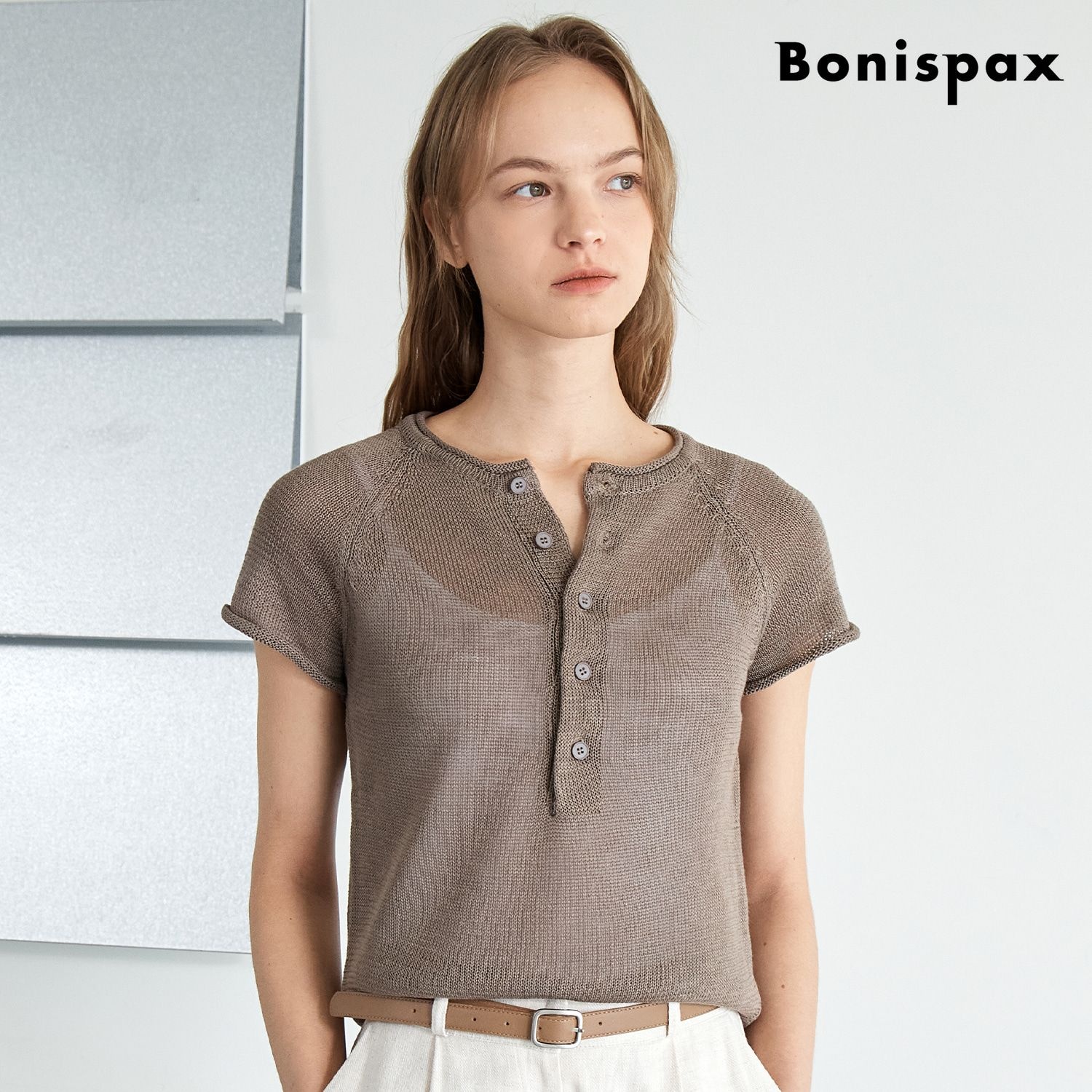 보니스팍스 하프 버튼업 라운드넥 반팔 니트 XQ2KT001L0