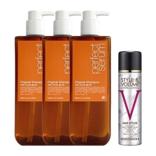 퍼펙트 오리지널 세럼 샴푸 680ml 3개+더마클라센 스타일앤 볼륨짱짱 헤어 스타일러 120ml 4종세트