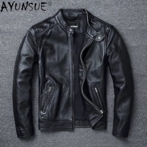   AYUNSUE 남성 의류 암소 가죽 자켓 남자 오토바이 빈티지 가을 코트 5XL 6XL VESTE LXR634 상품이미지