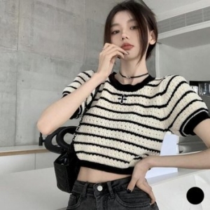수프 CCT7286니하브 짧은 가로줄 링 꽃잎 여성 숏슬리브 스웨터_이미지