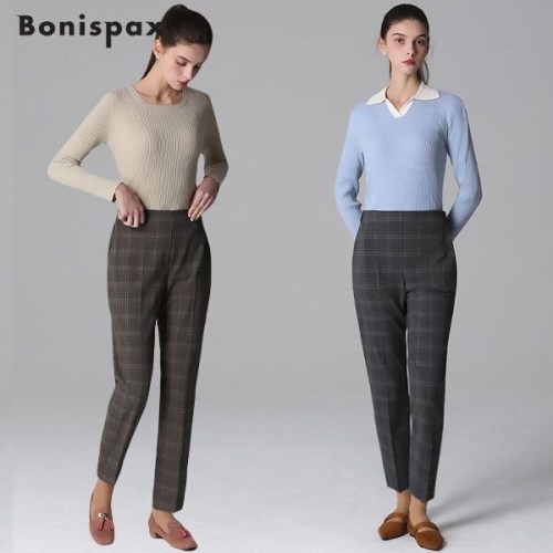 보니스팍스 Bonispax 밑단 트임 체크 슬림 팬츠 350195_이미지