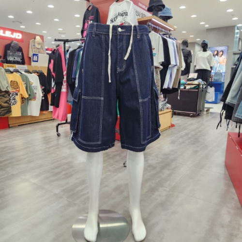 공용 데님 사이드배색 카고 버뮤 바지 JGZZ81401GN