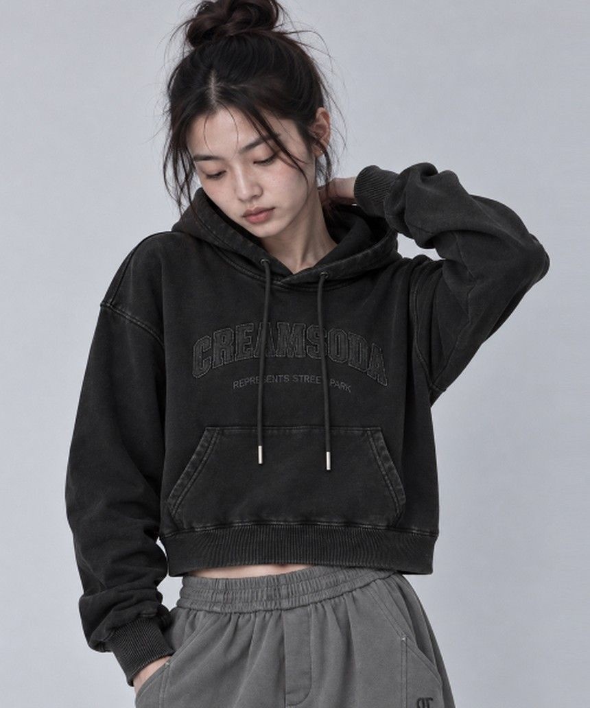 피그먼트 ltgt CREAM SODA LAB 크림소다랩 패치워크 로고 크롭 후드티 블랙 CHZZ42F121 2122122