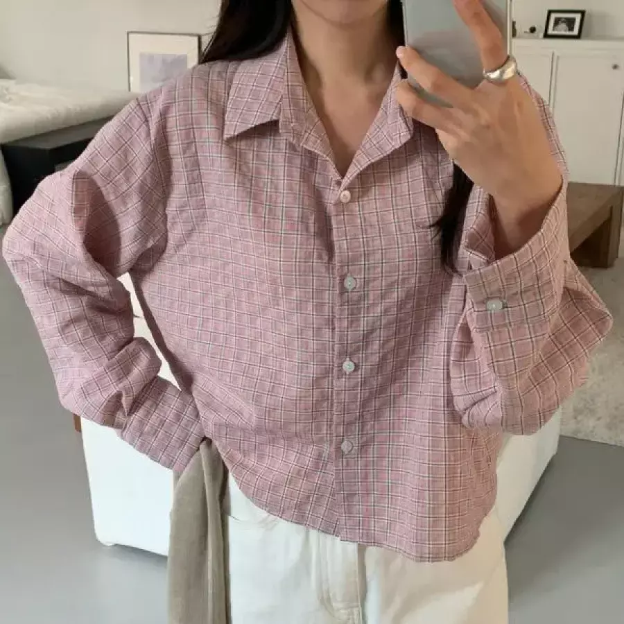 여자 봄남방 크롭 박스핏 개강룩 코튼 체크 셔츠