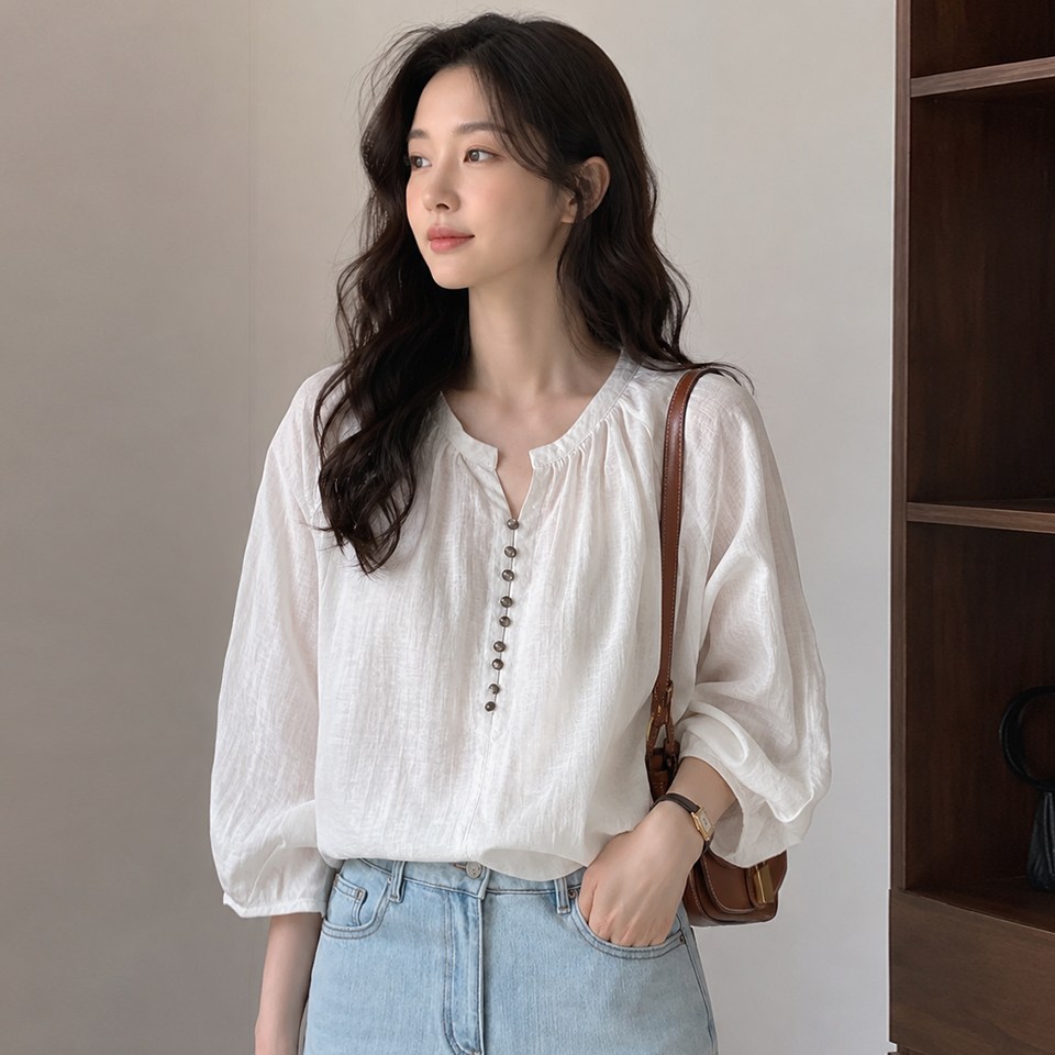 예쎄 내추럴 7부 소매 셔링 블라우스 S6MBL102A_이미지