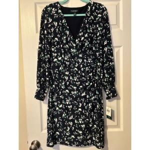 랄프로렌 폴로 사이즈 10 서플리스 브이넥 네이비 그린 플로럴 러칭 저지 드레스 2948222