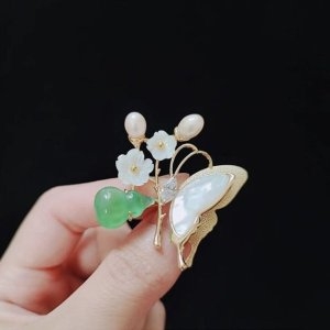 담수진주 자개 연옥 그린마노 골드 보석 브로치 WFK5YZF
