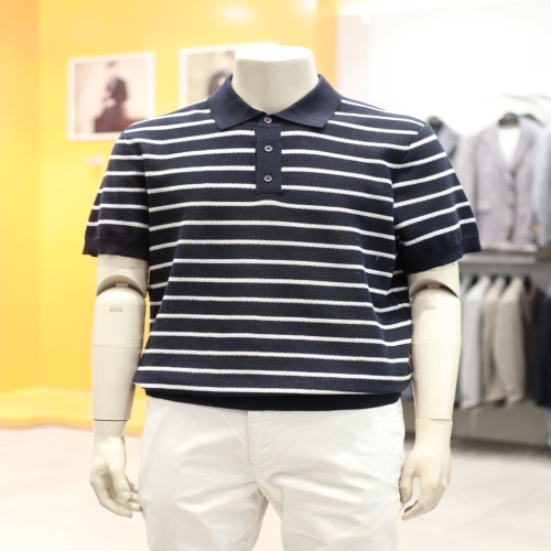 바쏘옴므 S/S 다크네이비 면 혼방 단가라 COOL 메쉬 PK 카라 반팔 니트 WSZ2WT43ADN