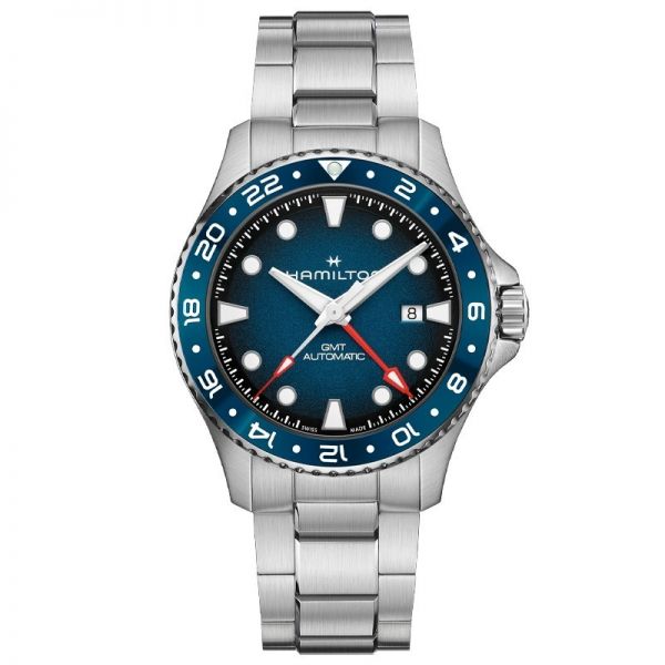  해밀턴 남성 카키 네이비 스쿠바 43mm GMT 오토매틱 블루 다이얼 브레이슬릿 H82535140