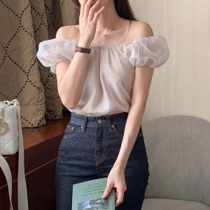수프 KSH314A렌엔줄 시폰 여성 링 오프숄더 볼륨 주름디테일 블라우스