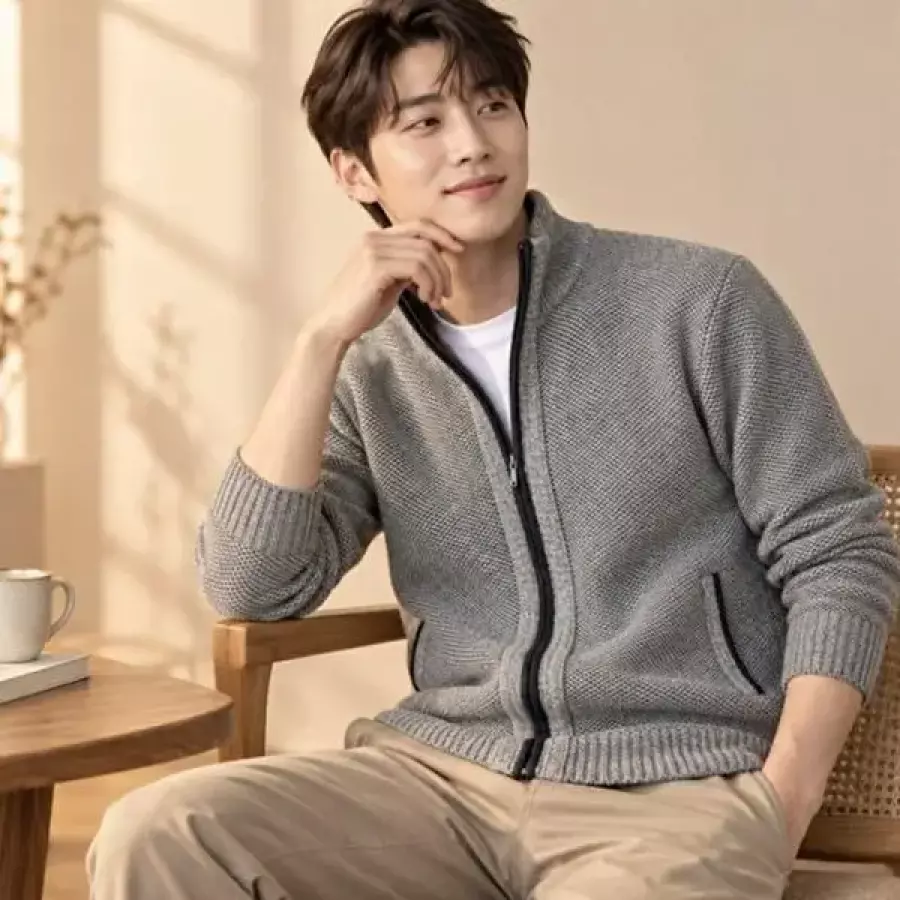 남성 기모 집업 가디건 자켓 지퍼 니트 외투 가을 겨울 일상복-WFRL3QN_이미지