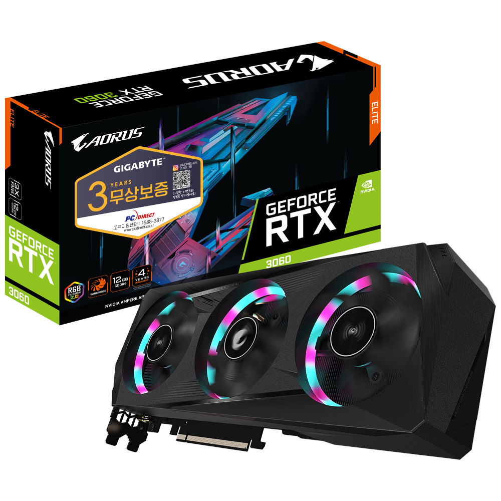 GIGABYTE AORUS 지포스 RTX 3060 ELITE V2 D6 12GB 피씨디렉트