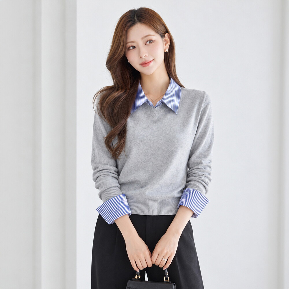 모리스커밍홈 스트라이프 셔츠 배색 레이어드 니트_M2609KN144C