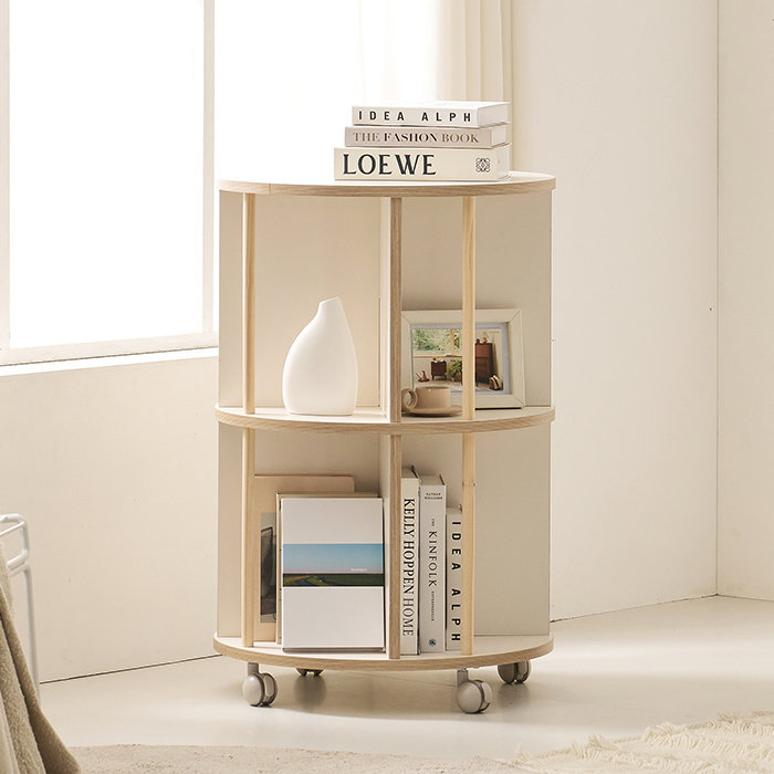 나무뜰 스테이 원목 전면 이동식 원형 2단 회전책장 550_이미지