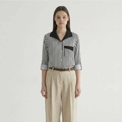 막스카라 배색 카라 스트라이프 2WAY 블라우스 M61QWB004ME_이미지