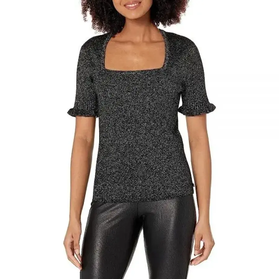 타미힐피거 여성용 워크 탑 쉬머리 반소매 스웨터, 블랙 메탈릭 252391_이미지