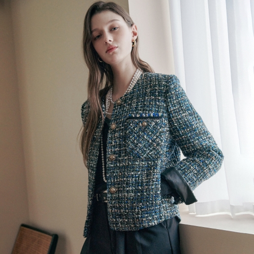 엠엔에프컴퍼니 마쟈 글리터링 레더배색 퀼팅안감 트위드 울 자켓 블루 CD11QJ300ON