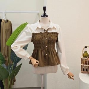 포커스 코듀로이 배색 셔링 블라우스 FW4J3BL31090_이미지