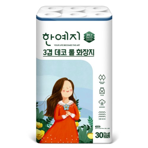 한예지 3겹 데코 롤 화장지 27m (30롤) (2팩)_이미지