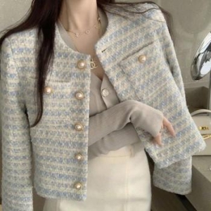 셀러허브 CWAJ2369 진주단추 노카라 트위드 자켓 숏 자켓 S14160346