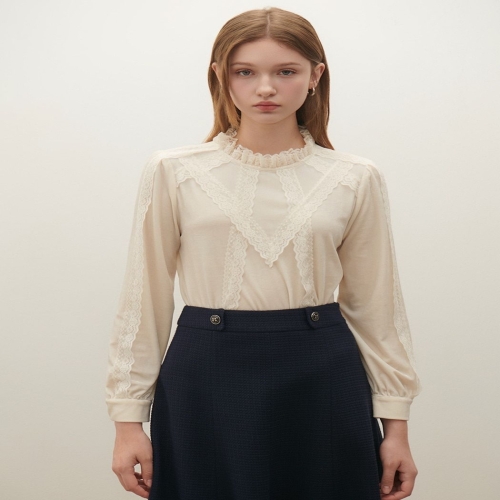 사틴 레이스 패치 벨벳 블라우스 S254B251_이미지