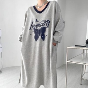 텐바이텐 여자 봄 브이넥 빅사이즈 나비 퍼프 롱 피스_이미지