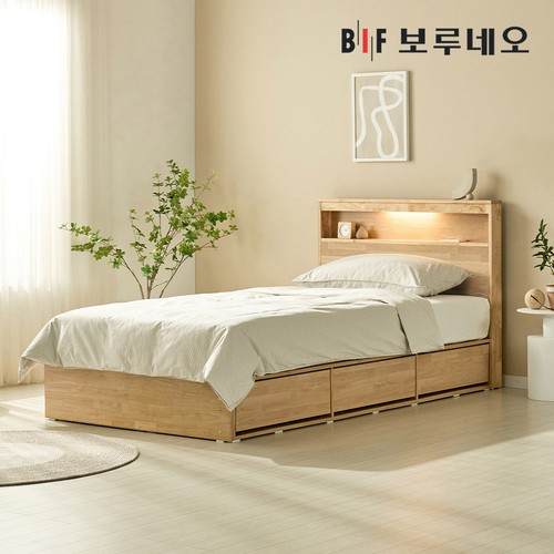 BIF보루네오 뉴키Po 3서랍 고무나무 원목 수납 LED침대 SS