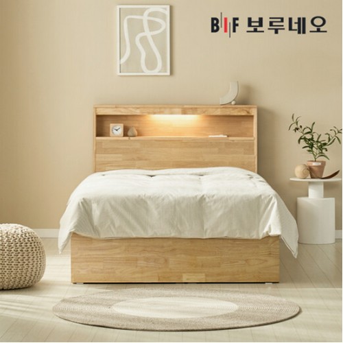 BIF보루네오 뉴키Po 3서랍 고무나무 원목 수납 LED침대 SS (매트별도)_이미지