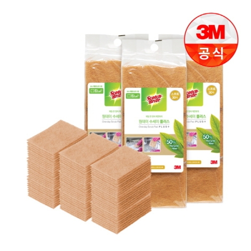 3M 스카치브라이트 일회용 원데이 그린수세미 플러스 제로스크래치 리필 30매 (3개(90매))_이미지