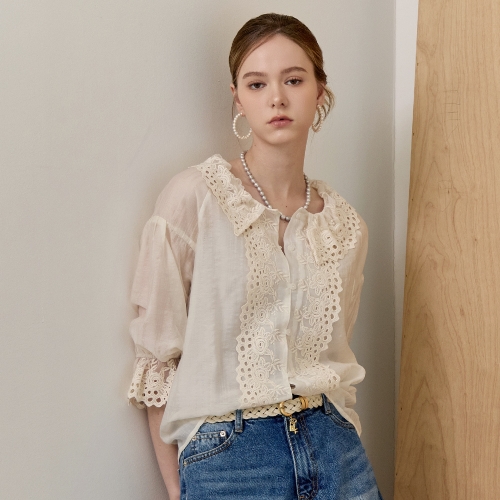 마쟈 라운드 카라 아일렛 레이스 7부 블라우스 ZE08QB500NH_이미지