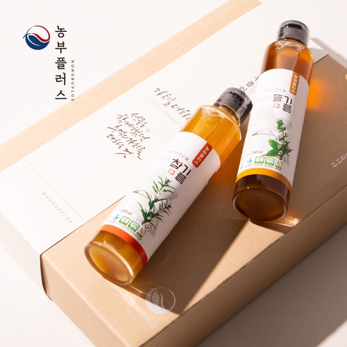 농부플러스 국산 저온압착 들기름 참기름 선물세트 180ml [2병]
