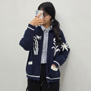 샵앤 여성 둥근카라 선인장 집업 니트 긴팔 가디건 SIU-WCD-4942-아이보리_이미지