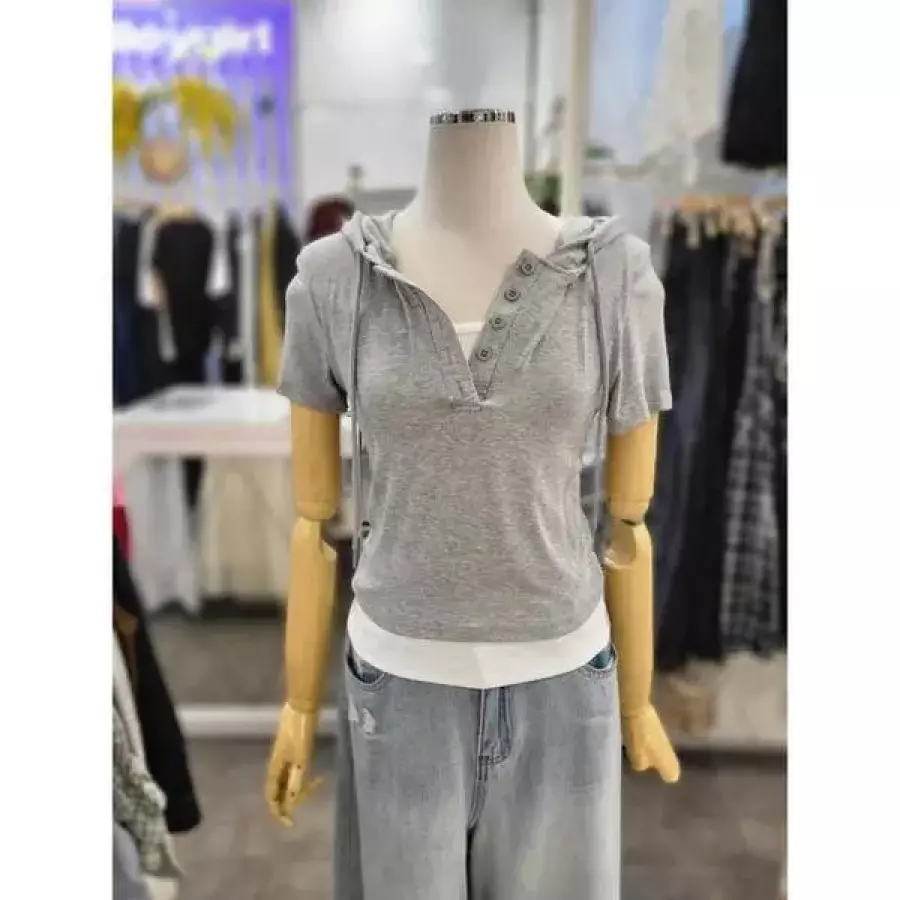  밸리걸 세이브존01 레이어드 골지 후드 크롭 반팔 티셔츠 624730 49524211