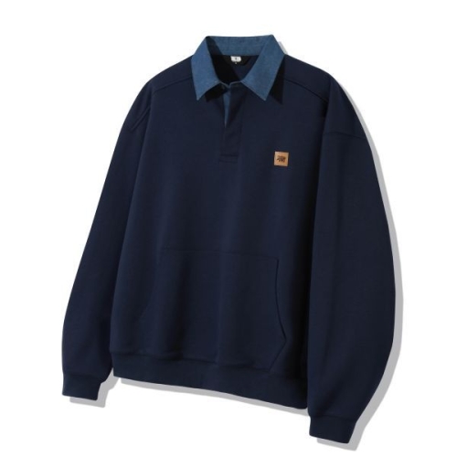 트릴리온 TRILLION 레더 패치 데님 카라 럭비 맨투맨_네이비 TRFSH17NV 163675