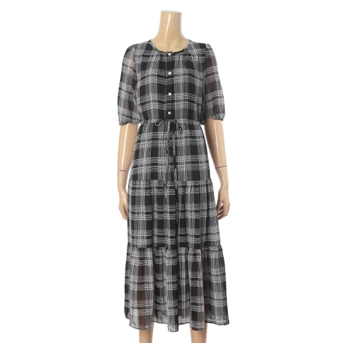 페이지플린 라운드넥 체크 롱 반팔 쉬폰 원피스 LF4BOP069L_이미지