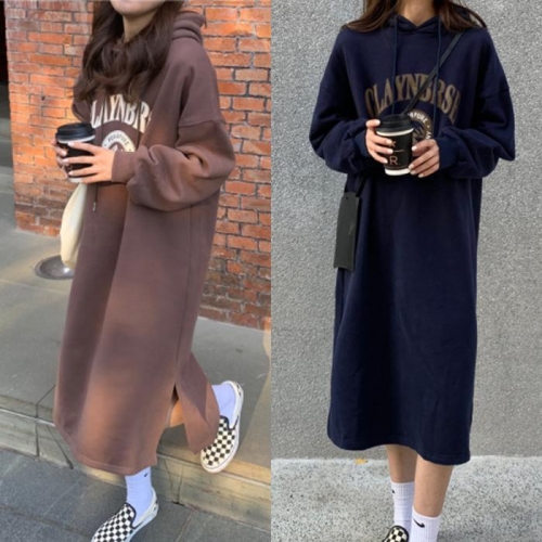 셀러허브 여성 기모 루즈핏 후드 롱 원피스 HH-B100_이미지