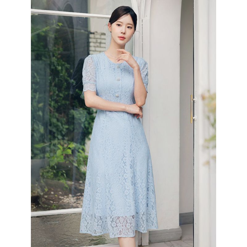 시크라인 XXL까지 솔리에르 진주버튼 레이스 자수 원피스 여름 세레머니 하객룩 오피스룩 모임룩 격식룩 빅사이즈 M CLPB-O-107 블루 M
