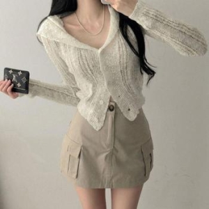 오노마 ONM 여성 펀칭 시스루 가디건 긴팔 1P 세미 크롭 41576041